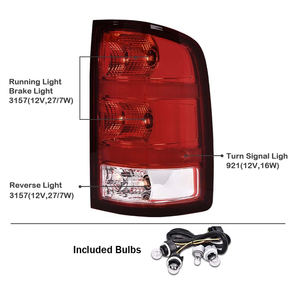 G-PLUS Tail Lights Lamps w/Bulbs & Wiring Harness Compatible with GMC Sierra 1500 2500 3500HD 2007-2013 Passenger Side Red Lens Taillights Taillamps Brakelights 25958485 GM2801208Assembly