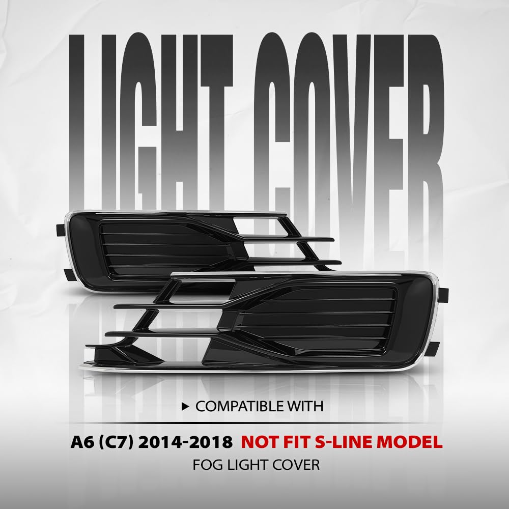 G-PLUS Front Bumper Foglight Cover Grill Compatible with Audi A6 C7 2014-2018, Not Fit S-Line Model 1028143, 4G0807647 Chrome Black