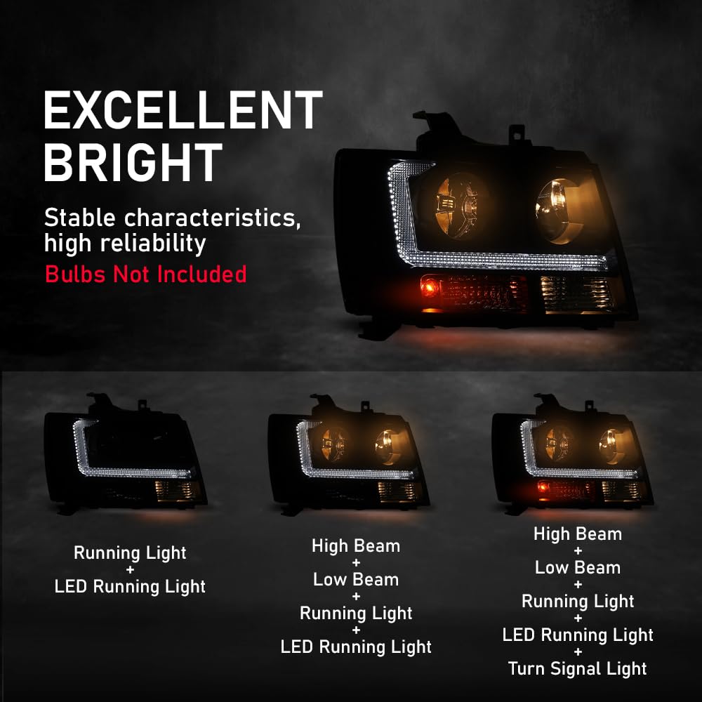 G-PLUS Headlights Assembly Projector Factory Headlamps Compatible with Chevy Tahoe Suburban 2007-2014 Smoky Lens Black Housing Clear Reflector Left & Right Bumper Head Light,faros delanteros