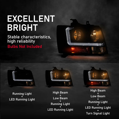 G-PLUS Headlights Assembly Projector Factory Headlamps Compatible with Chevy Tahoe Suburban 2007-2014 Smoky Lens Black Housing Clear Reflector Left & Right Bumper Head Light,faros delanteros