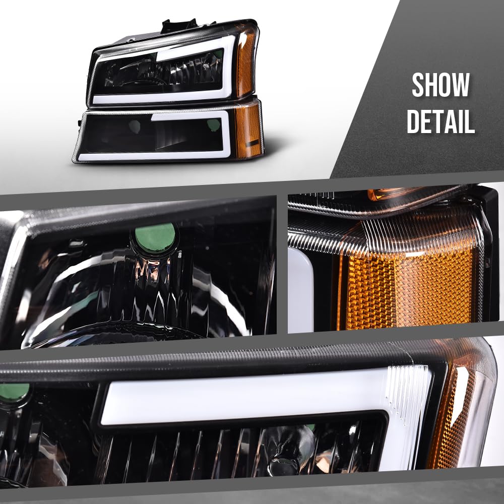 G-PLUS LED DRL Headlights Assembly + Tail Lights Fit Chevy Silverado 1500 1500 HD 2500 2500 HD 2003-2006, Clear Lens Black Housing Amber Reflector Headlamps Assembly Dark Red Taillights
