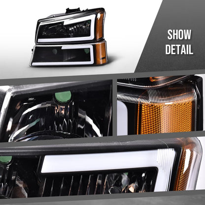 G-PLUS LED DRL Headlights Assembly + Tail Lights Fit Chevy Silverado 1500 1500 HD 2500 2500 HD 2003-2006, Clear Lens Black Housing Amber Reflector Headlamps Assembly Dark Red Taillights