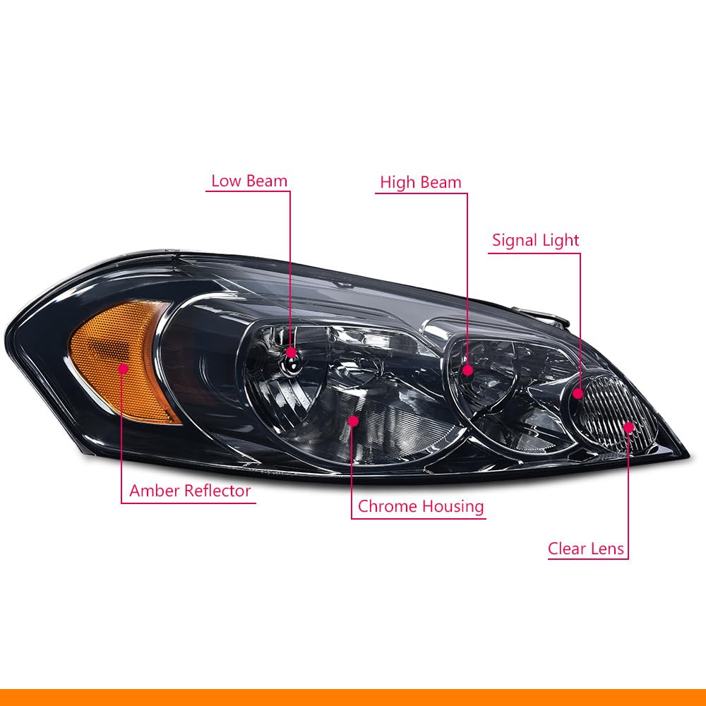 G-PLUS Headlights Assembly, Fit 2006-2007 Chevy Monte Carlo/2006-2013 Chevy Impala/2014-2016 Chevy Impala Limited Bumper Headlamps, Smoky Lens Chrome Housing Amber Reflector,faros delanteros
