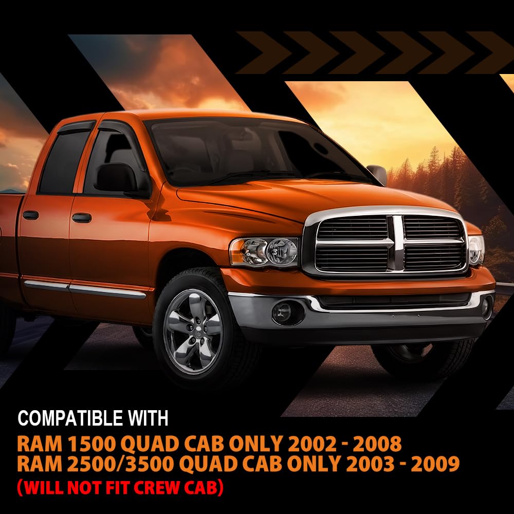 G-PLUS in-Channel Side Window Vent Visor Deflectors Rain Guards Compatible with Dodge Ram 1500 Quad Cab Only 2002-2008(Will Not Fit Crew CAB) Impact-Resistant PC 4 PCS Smoky
