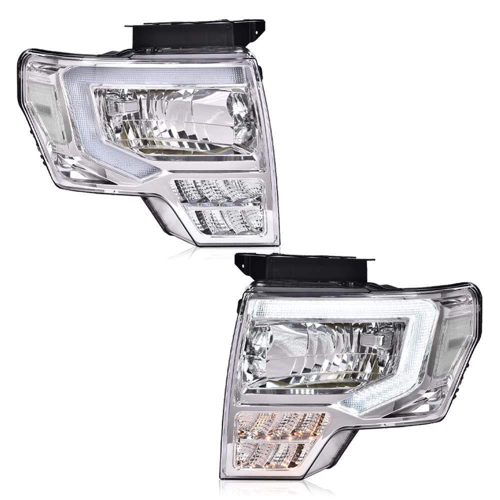 G-PLUS Headlights Assemblies LED Tube Compatible with Ford F150 2009-2014 Headlamps Driver Side & Passenger Side Clear Lens Chrome Housing Clear Reflector