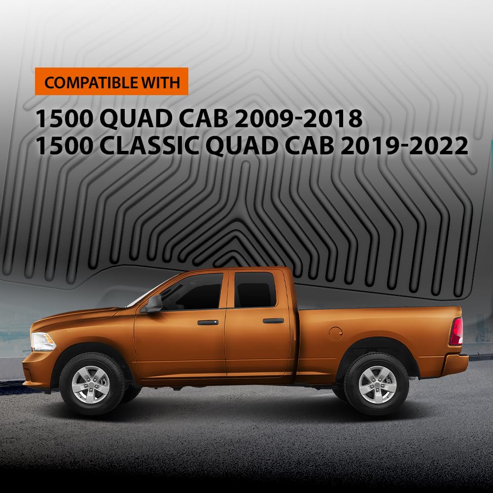 G-PLUS TPE Floor Mats Fit Dodge Ram 1500 Quad Cab 2009-2018 / Ram 1500 Classic Quad Cab 2019-2022 1st & 2nd Row Truck Accessories Cargo Liners All Weather Protection 3PCs Black Alfombras para Carro