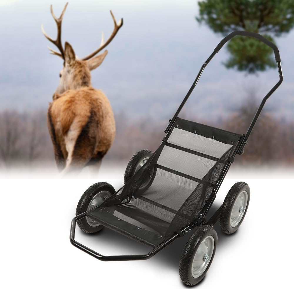G-PLUS 500 Pounds Capacity Foldable Multi Use Deer Game Recovery Cart Utility Gear Dolly with 4 Oversized Wheels All Terrain Cart Black