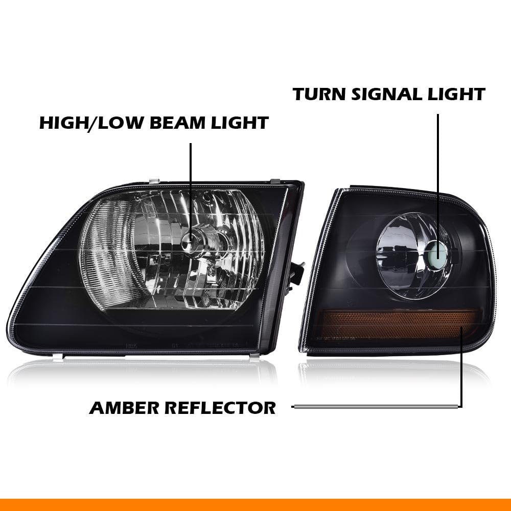 G-PLUS Headlights Compatible with Ford F150 1998-2003/Fit Ford Expedition 1997-2002/Fit F250 1998-1999 Truck Lightning Style w/Corner Lamps Smoky Lens Black Housing Amber Reflector