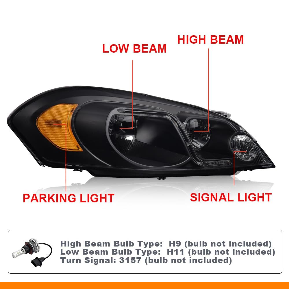 G-PLUS LED Headlights Assembly Fit Chevy Monte Carlo 2006 2007/Chevy Impala 2006-2013/Chevy Impala Limited 2014-2016 DRL Corner Headlamps Smoky Lens Black Housing Amber Reflector,faros delanteros