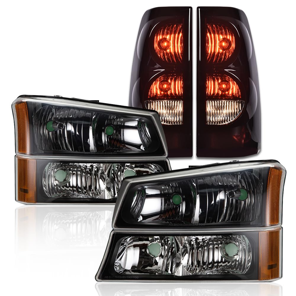 G-PLUS Headlights Assembly + Tail Lights Fit Chevy Silverado 1500 1500 HD 2500 2500 HD 2003-2006, Clear Lens Black Housing Clear Reflector Headlamps Assembly Dark Red Taillights