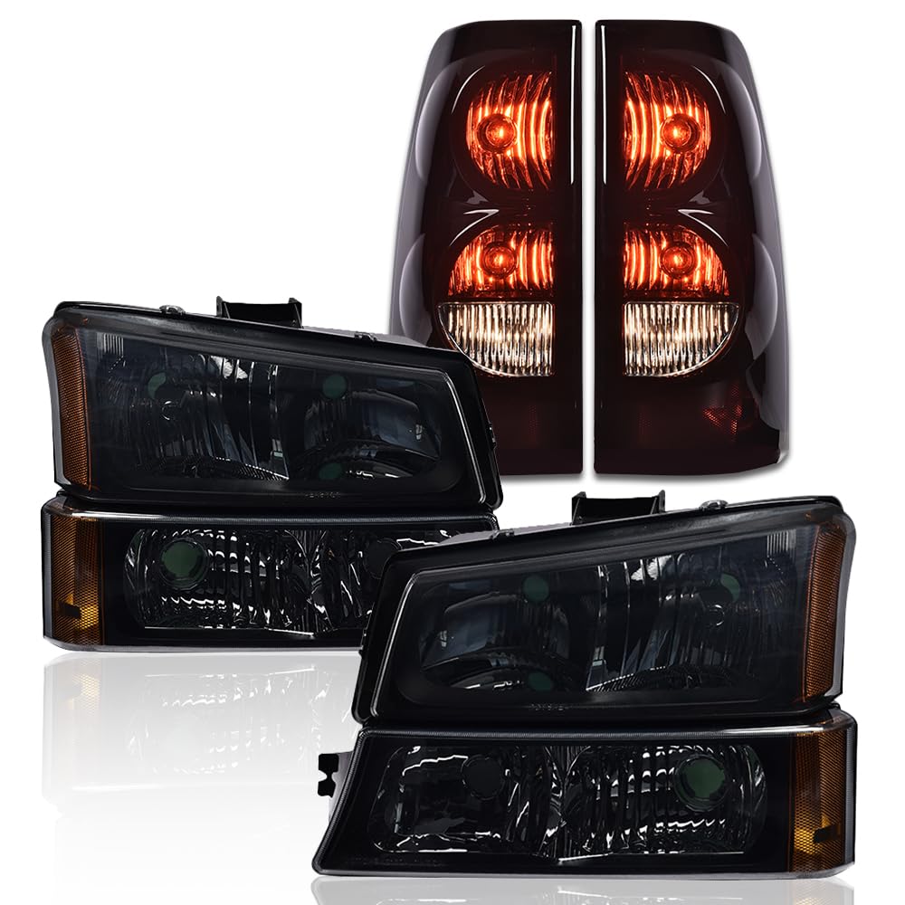 G-PLUS Headlights Assembly + Tail Lights Fit Chevy Silverado 1500 1500 HD 2500 2500 HD 2003-2006, Smoky Lens Black Housing Amber Reflector Headlamps Assembly Dark Red Taillights