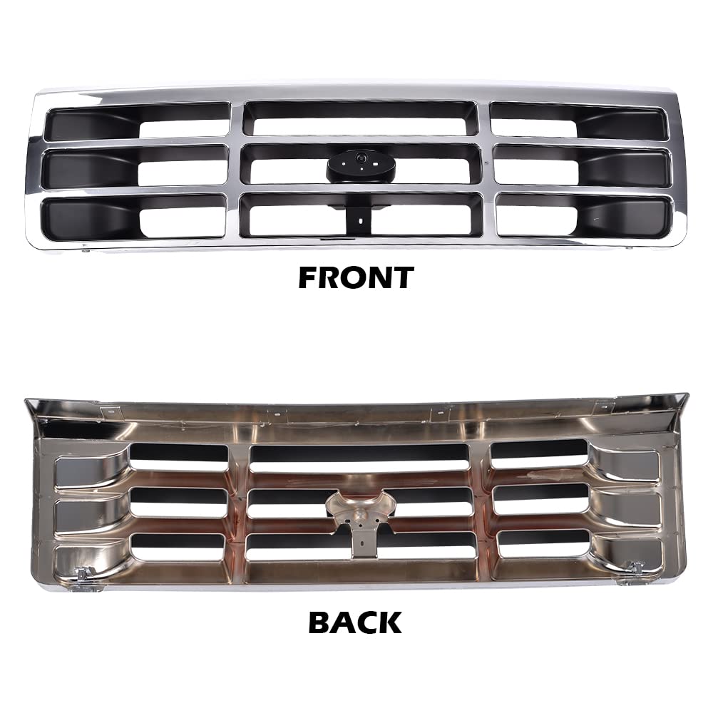 G-PLUS Front Grille Compatible with 1992-1997 Ford F250 F350 Platinum Chrome w/Emblem Truck Replacement