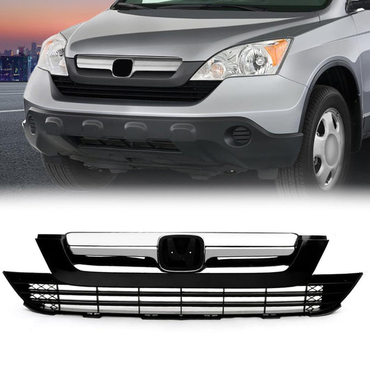 G-PLUS Front Upper Lower Bumper Grille Mesh Grill Cover Guard Compatible with Honda CRV 2007 2008 2009 Black/Chrome Trim