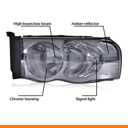 G-PLUS Headlights Assembly, Compatible with 2002 2003 2004 2005 Dodge Ram 1500 2500 3500 bumper Headlamp, Smoky lens Chrome Housing Clear Reflector
