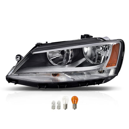 G-PLUS Headlights Headlamps w/Bulbs Left Driver Compatible with Volkswagen Jetta 2011-2018 5C7941005, VW2502146 Clear Lens Chrome Housing Amber Reflector