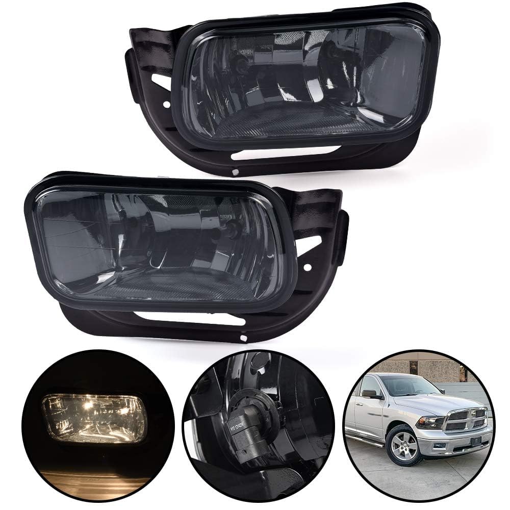 G-PLUS Front Bumper Fog Lights Assembly Halogen Bulbs Compatible with Dodge Ram 1500 2009-2012 Fit Dodge Ram 2500 3500 2010-2018 Driving Lamps w/Bracket + H10 12V 42W Smoke