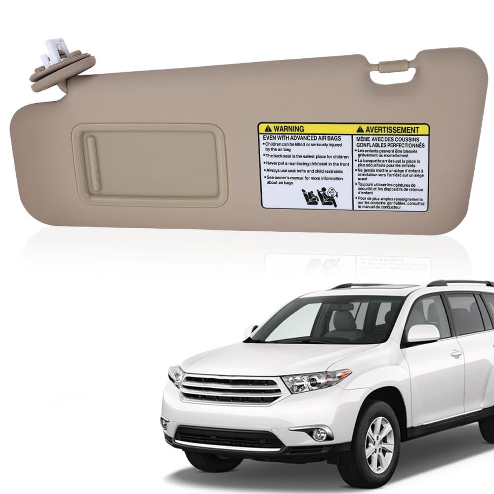 G-PLUS Left Driver Side Sun Visor Beige w/Vanity Light Compatible with Toyota Highlander 2008-2013 743200E050E0, 743200E051E0, 7432048180E1