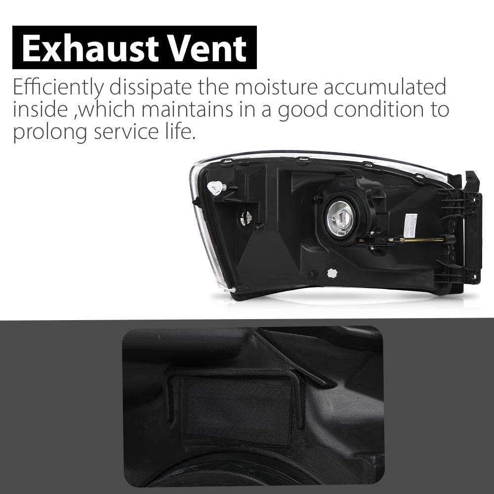 G-PLUS Headlights Assembly w/Bulbs Light Bar Left and Right Side Compatible with Dodge Ram 1500 2006-2008/Fit Dodge Ram 2500 3500 2006-2009 Clear Lens Black Housing Clear Reflector