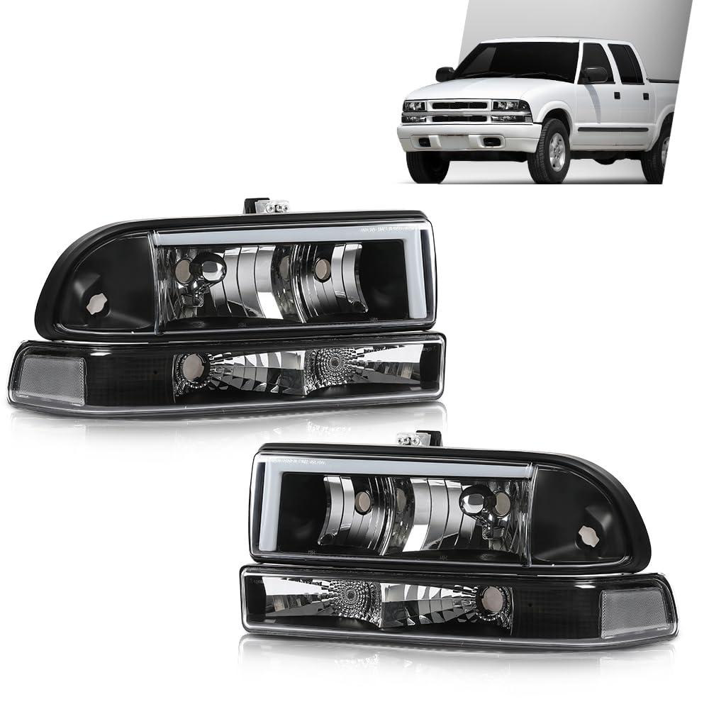 G-PLUS LED Headlights Assembly Front Headlamps Left Right Fit Chevy Blazer 1998-2005, Fit Chevy S10 Pickup 1998-2004 with Bumper Lights Clear Lens Black Housing Clear Reflector,faros delanteros