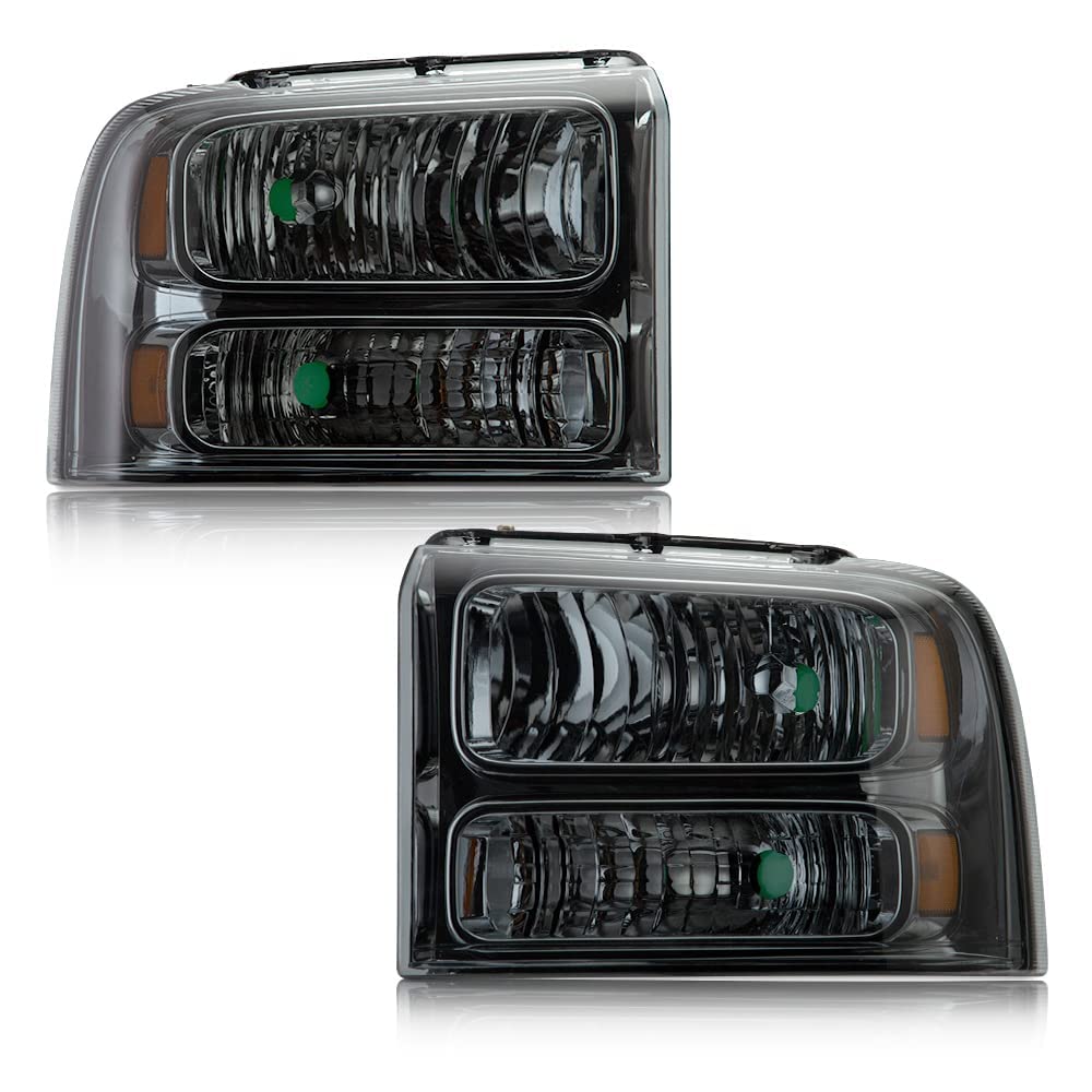 G-PLUS Headlights Assembly, Compatible with 2005 2006 2007 Ford F250 F350 Super Duty Bumper Headlamps, Smoky Lens Chrome Housing Amber Reflector,faros delanteros