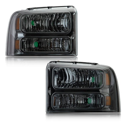 G-PLUS Headlights Assembly, Compatible with 2005 2006 2007 Ford F250 F350 Super Duty Bumper Headlamps, Smoky Lens Chrome Housing Amber Reflector,faros delanteros