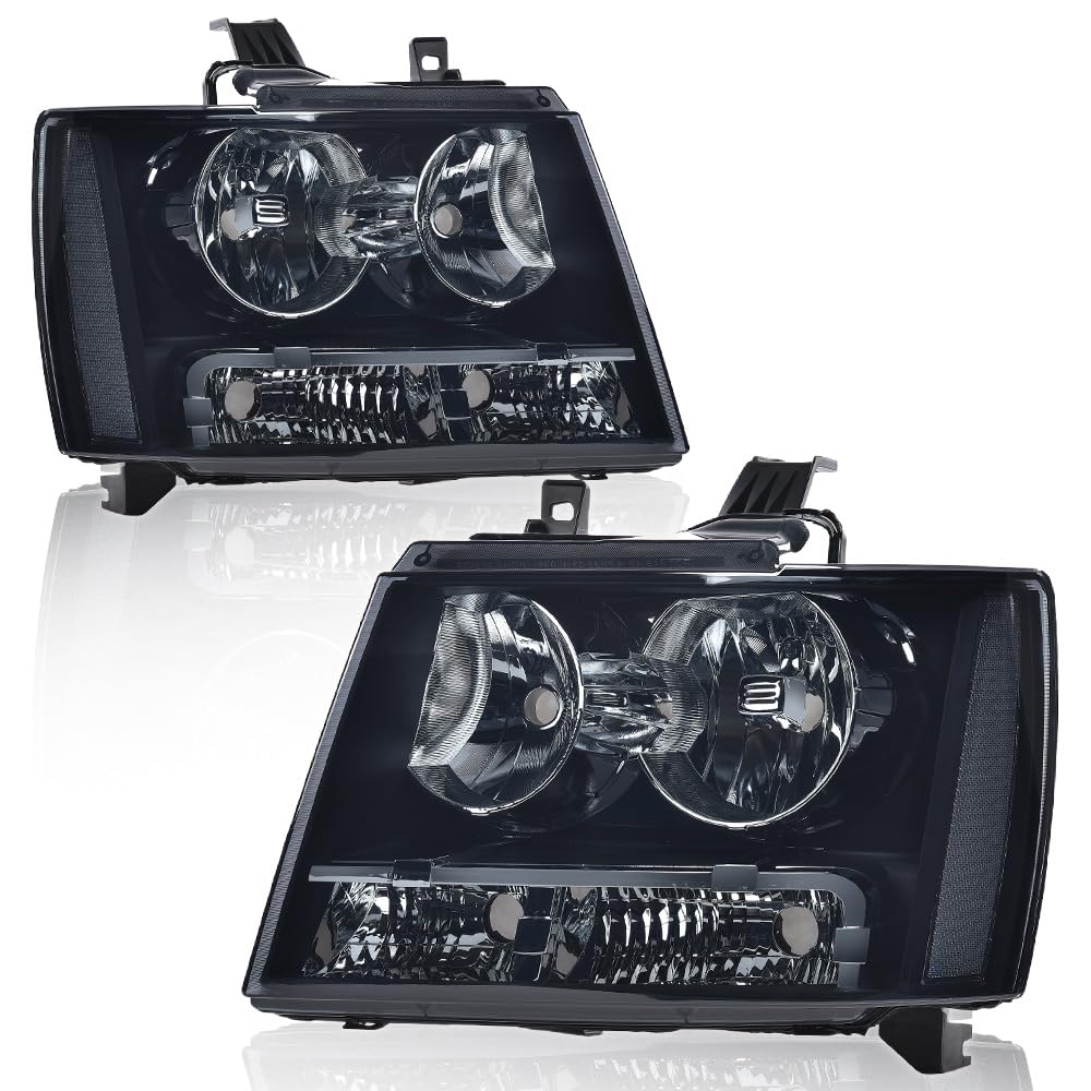 G-PLUS Headlights Assembly Compatible with Chevy Tahoe Subarban Avalanche 2007-2014 Set Pair Bumper Corner Headlamps Left & Right Smoky Lens Black Housing Clear Reflector,faros delanteros