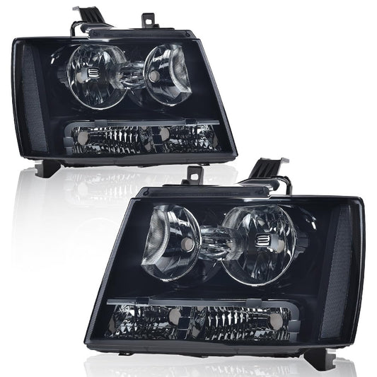 G-PLUS Headlights Assembly Compatible with Chevy Tahoe Subarban Avalanche 2007-2014 Set Pair Bumper Corner Headlamps Left & Right Smoky Lens Black Housing Clear Reflector,faros delanteros