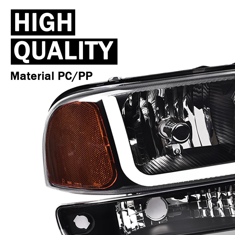 G-PLUS LED Headlights Assembly Compatible with GMC Sierra 1500 1999-2007,Fit GMC Sierra 1500 HD 2001-2007, Bumper Headlamps Clear Lens Black Housing Amber Reflector,Left & Right,faros delanteros