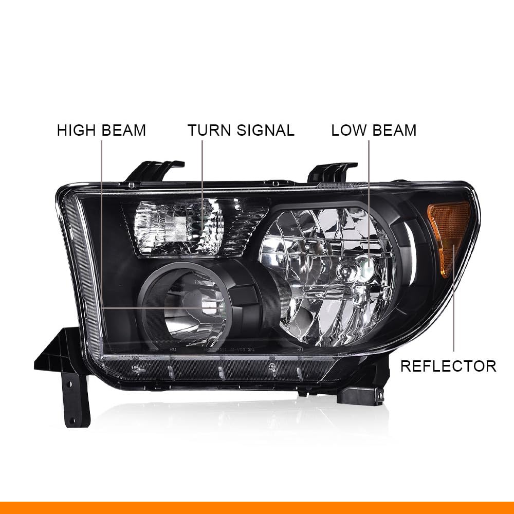 G-PLUS Headlights Assembly W/o Bulbs, Compatible with 2007-2013 Toyota Tundra /2008-2017 Sequoia Bumper Headlamps, Clear Lens Black Housing Amber Reflector LH&RH