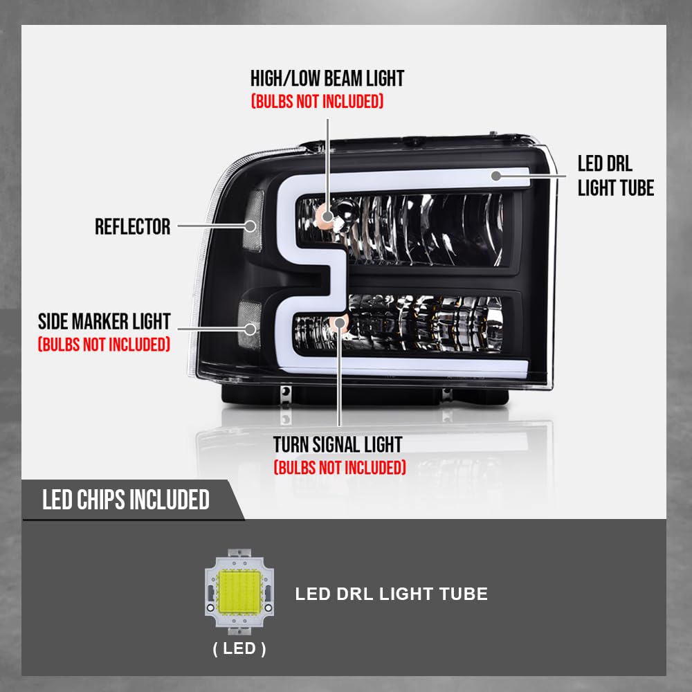 G-PLUS LED DRL BAR Headlight Assembly Compatible with Ford F250 F350 F450 F550 Super Duty 05-07 /Fit Ford Excursion 05 HeadLamps LH & RH Clear lens Black Housing White Reflector FO2503217 6C3Z13008CB