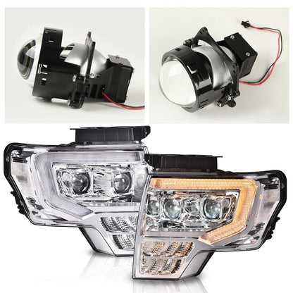 G-PLUS Headlights LED DRL Compatible with Ford F150 2009-2014 Headlamps Pair Left & Right Tube Dual Projector Clear Lens Chrome Housing Clear Reflector,faros delanteros
