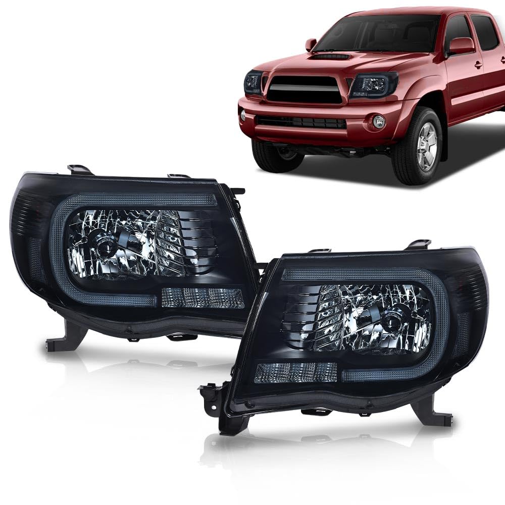 G-PLUS LED DRL Tube Halo Projector Headlights Compatible with Toyota Tacoma 2005 2011,Headlamps w/o Bulbs faros delanteros,Smoke Lens Black Housing Clear Reflector Left Driver & Right Passenger
