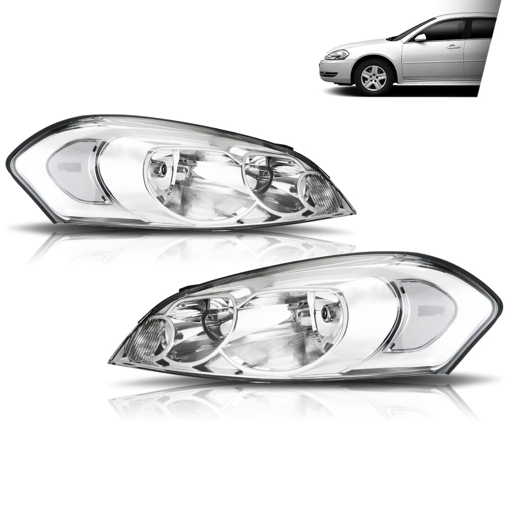 G-PLUS Headlights Assembly, Fit 2006-2007 Chevy Monte Carlo/2006-2013 Chevy Impala/2014-2016 Chevy Impala Limited Bumper Headlamps, Clear Lens Chrome Housing Clear Reflector,faros delanteros