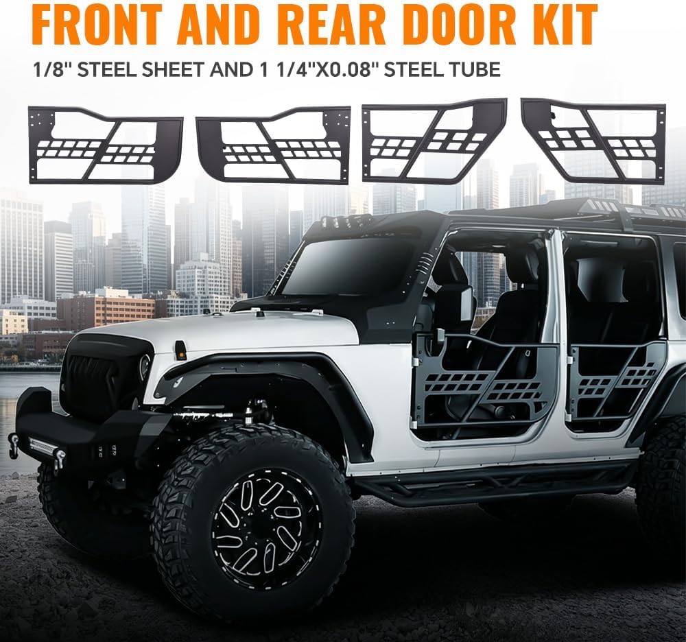G-PLUS Tubular Doors Compatible with Jeep Wrangler 2007-2018 JK Unlimited 4-Door Model Front and Rear Tubular Doors Steel Textured Black with Side View Mirrors and Mounting Hardware