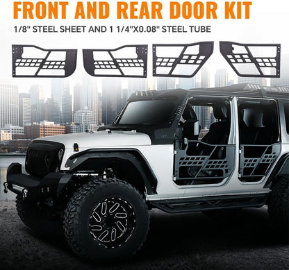 G-PLUS Tubular Doors Compatible with Jeep Wrangler 2007-2018 JK Unlimited 4-Door Model Front and Rear Tubular Doors Steel Textured Black with Side View Mirrors and Mounting Hardware