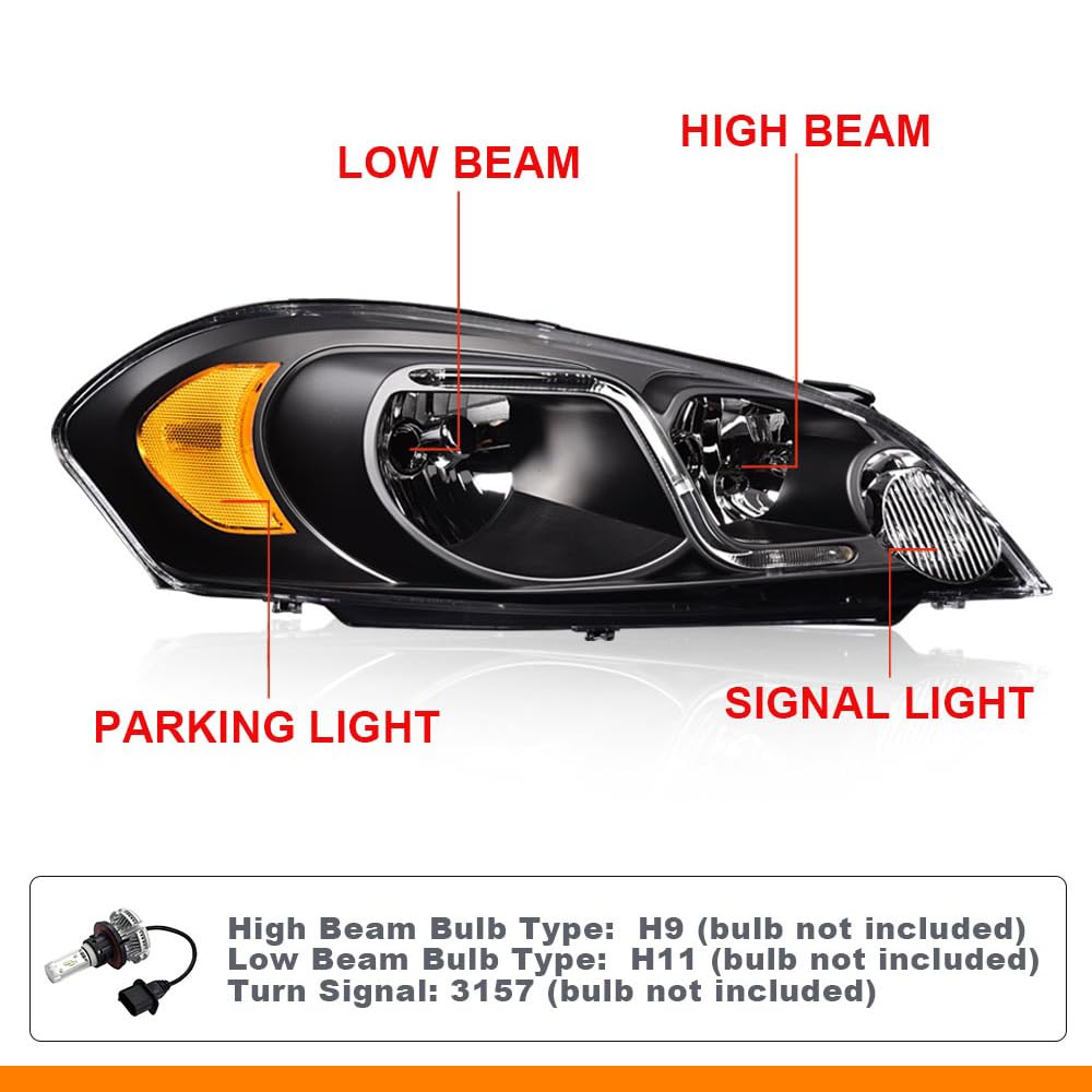 G-PLUS LED Headlights Assembly Fit Chevy Monte Carlo 2006 2007/Chevy Impala 2006-2013/Chevy Impala Limited 2014-2016 DRL Corner Headlamps Clear Lens Black Housing Amber Reflector,faros delanteros