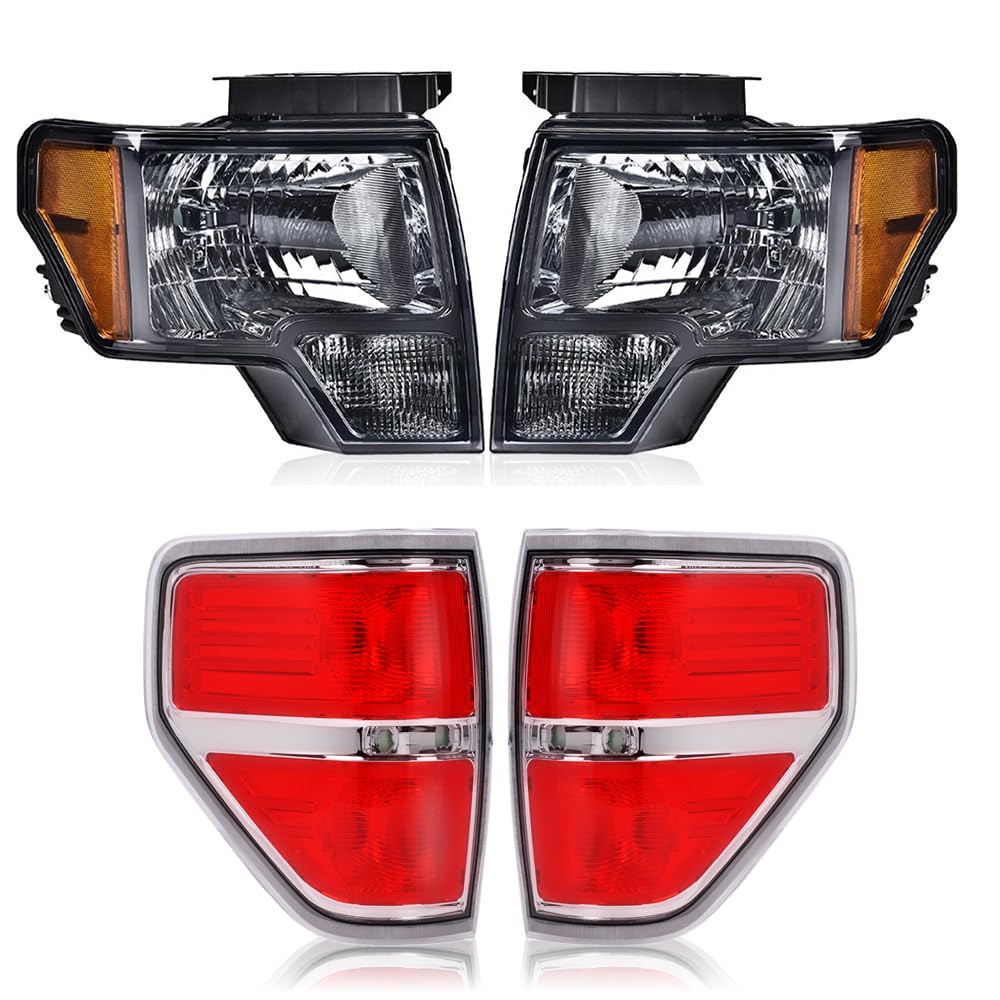 G-PLUS Driver and Passenger Headlights & Tail lights Compatible with 2009 2010 2011 2012 2013 2014 Ford F150 (Smoky Lens Chrome Housing Amber Reflector Headlights + Tail lights)