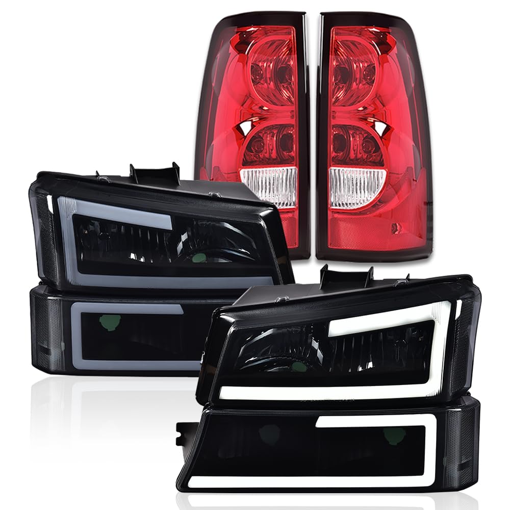 G-PLUS LED DRL Headlights Assembly & Tail Lights Fit Chevy Silverado 1500 1500 HD 2500 2500 HD 2003-2006, Smoky Lens Black Housing Clear Reflector Headlamps Assembly Red Taillights