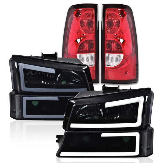 G-PLUS LED DRL Headlights Assembly & Tail Lights Fit Chevy Silverado 1500 1500 HD 2500 2500 HD 2003-2006, Smoky Lens Black Housing Clear Reflector Headlamps Assembly Red Taillights
