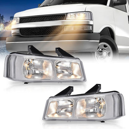G-PLUS Headlights Assembly w/Bulbs Compatible with Chevy Express 1500 2500 3500 Van 2003-2019/Compatible with GMC Savana 1500 2500 3500 Van 2003-2019 Headlamp Clear Lens Chrome Housing Amber Reflector