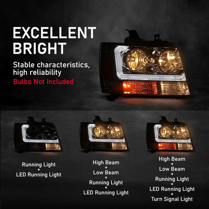 G-PLUS LED Headlights Assembly Front Headlamps Fit Chevy Tahoe Suburban 1500 2007-2014,Fit Chevy Avalanche Suburban 2500 2007-2013 Clear Lens Chrome Housing Amber Reflector,faros delanteros