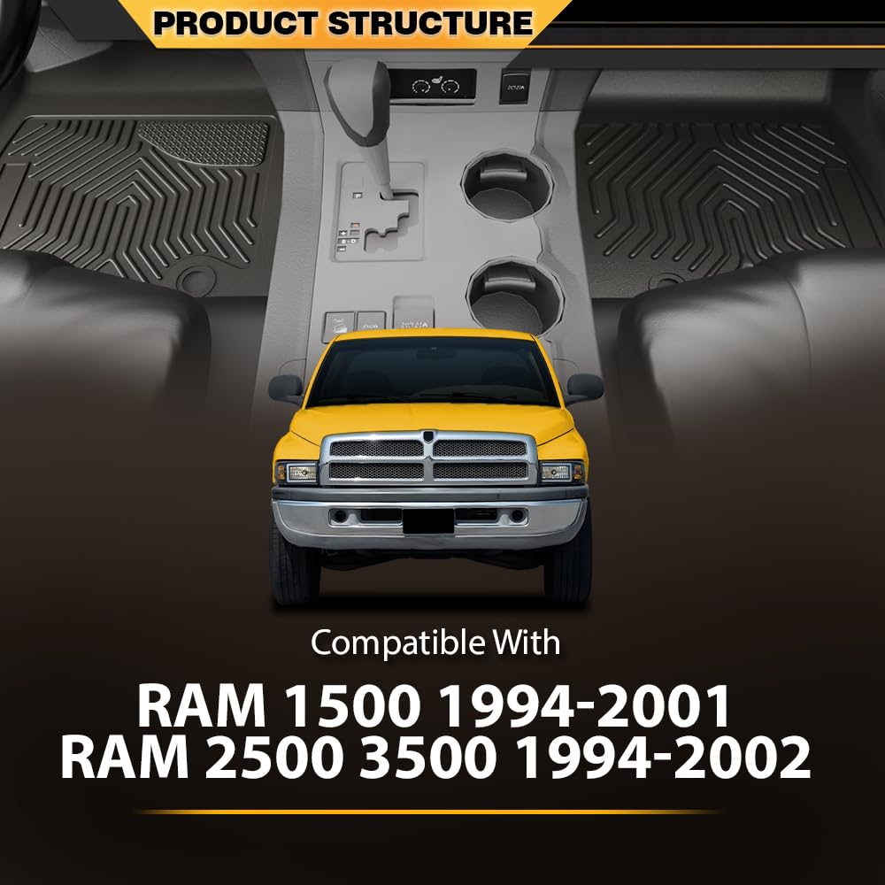 TPE Floor Mats Cargo Liners 2PCS, Compatible with Dodge Ram 1500 1994-2001/ Ram 2500 3500 1994-2002, 1st Row, Floor Liner All Weather Full Cover Protection