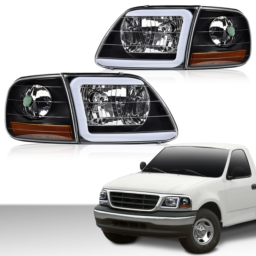 G-PLUS LED Headlights Fit Ford F150 1998-2003,Fit Ford Expedition 1997-2002 DRL Bumper Headlamps w/Corner Parking Lights Strip,Clear Lens Black Housing Amber Reflector Left & Right,faros delanteros