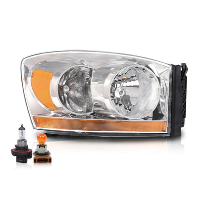 G-PLUS Headlights Assembly w/Bulbs Light Bar Right Passenger Side Compatible with Dodge Ram 1500 2006-2008/Fit Dodge Ram 2500 3500 2006-2009 Clear Lens Chrome Housing Amber Reflector 55077794AB