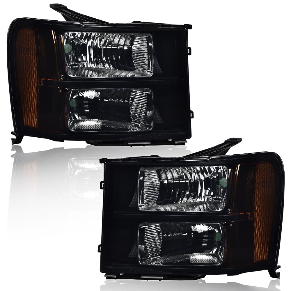 G-PLUS Headlights Assembly Compatible with GMC Sierra 1500 2007-2013 /Fit for GMC Sierra 2500HD 3500HD 2007-2014 Headlamps Left and Right Side Smoky Lens Black Housing Amber Reflector,faros delanteros