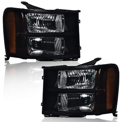 G-PLUS Headlights Assembly Compatible with GMC Sierra 1500 2007-2013 /Fit for GMC Sierra 2500HD 3500HD 2007-2014 Headlamps Left and Right Side Smoky Lens Black Housing Amber Reflector,faros delanteros