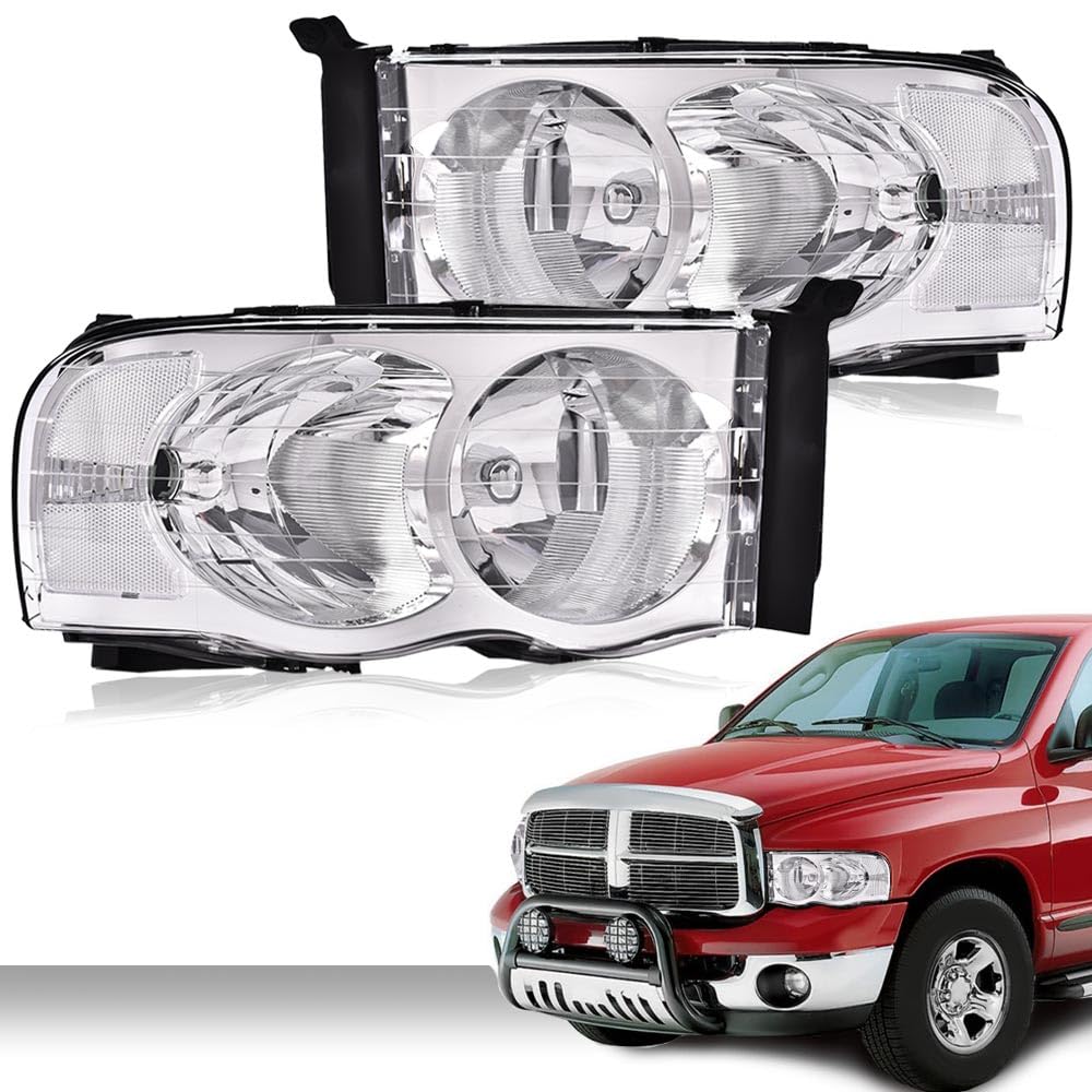 G-PLUS Headlights Assembly, Compatible with Dodge Ram 1500 2500 3500 2002 2003 2004 2005 Bumper Headlamps, Clear lens Chrome Housing Clear Reflector