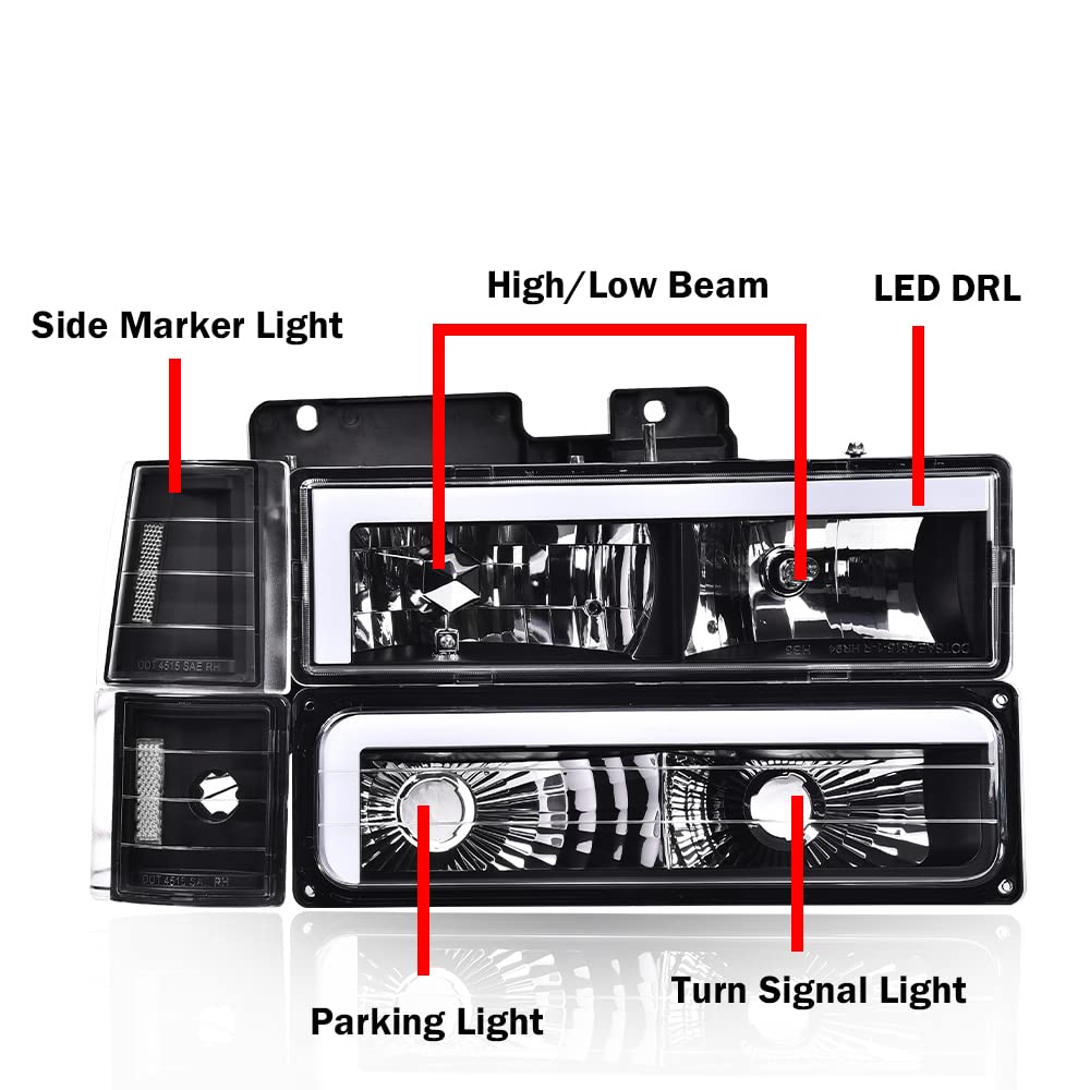 G-PLUS LED DRL headlights, Compatible with 1994 1995 1996 1997 1998 1999 2000 GMC C10 C/K C1500 bumper Headlamp, Clear lens Black Housing Clear Reflector