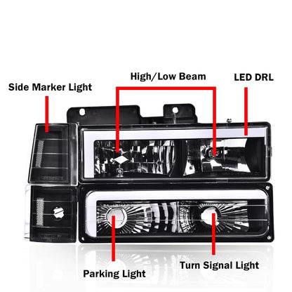 G-PLUS LED DRL headlights, Compatible with 1994 1995 1996 1997 1998 1999 2000 GMC C10 C/K C1500 bumper Headlamp, Clear lens Black Housing Clear Reflector