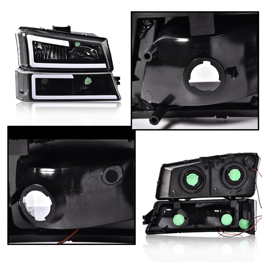 G-PLUS Headlights Assembly & Tail Lights Fit Chevy Silverado 1500 1500 HD 2500 2500 HD 2003-2006, Clear Lens Black Housing Clear Reflector Headlamps Assembly Red Taillights
